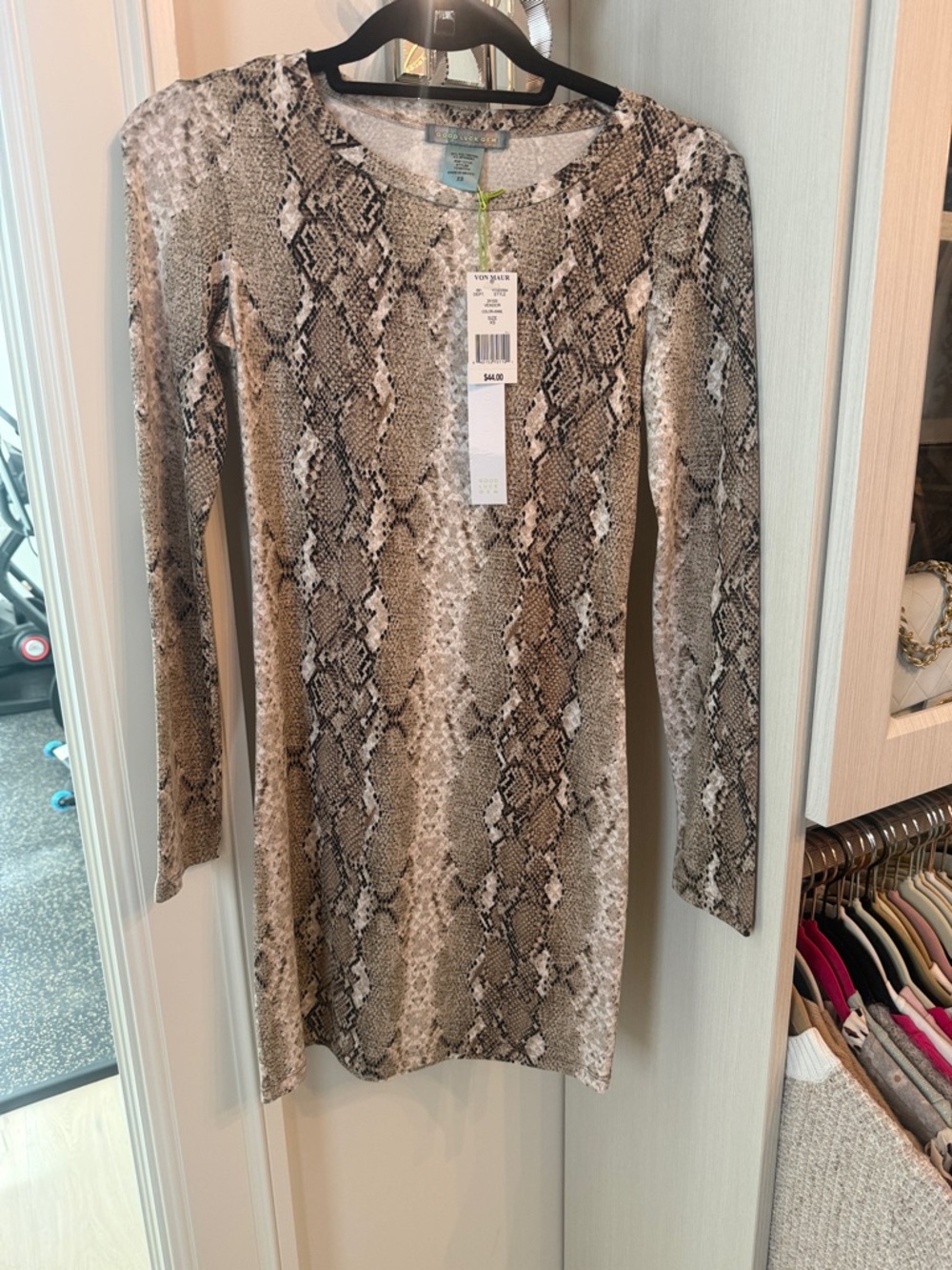 Good Luck Gem Snake Print Long Sleeve Dress in Tan and Cream
